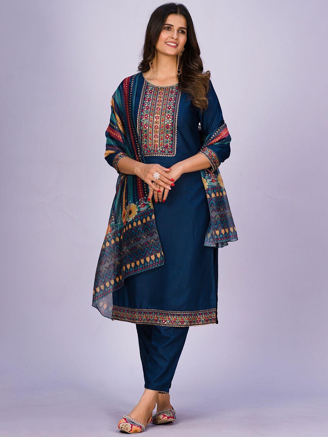 kalini floral embroidered kurta & trousers with dupatta