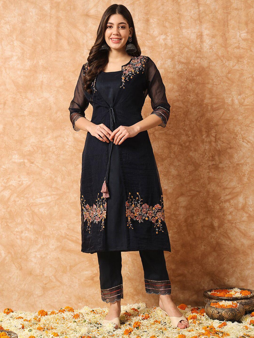 kalini floral embroidered layered a-line kurta with trousers & jacket