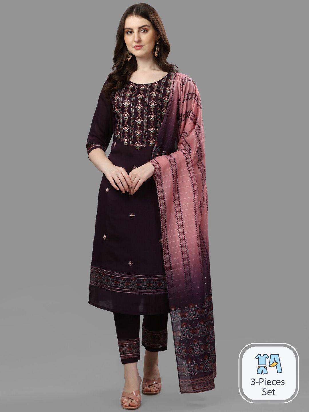 kalini floral embroidered mirror work chanderi cotton kurta with trousers & dupatta