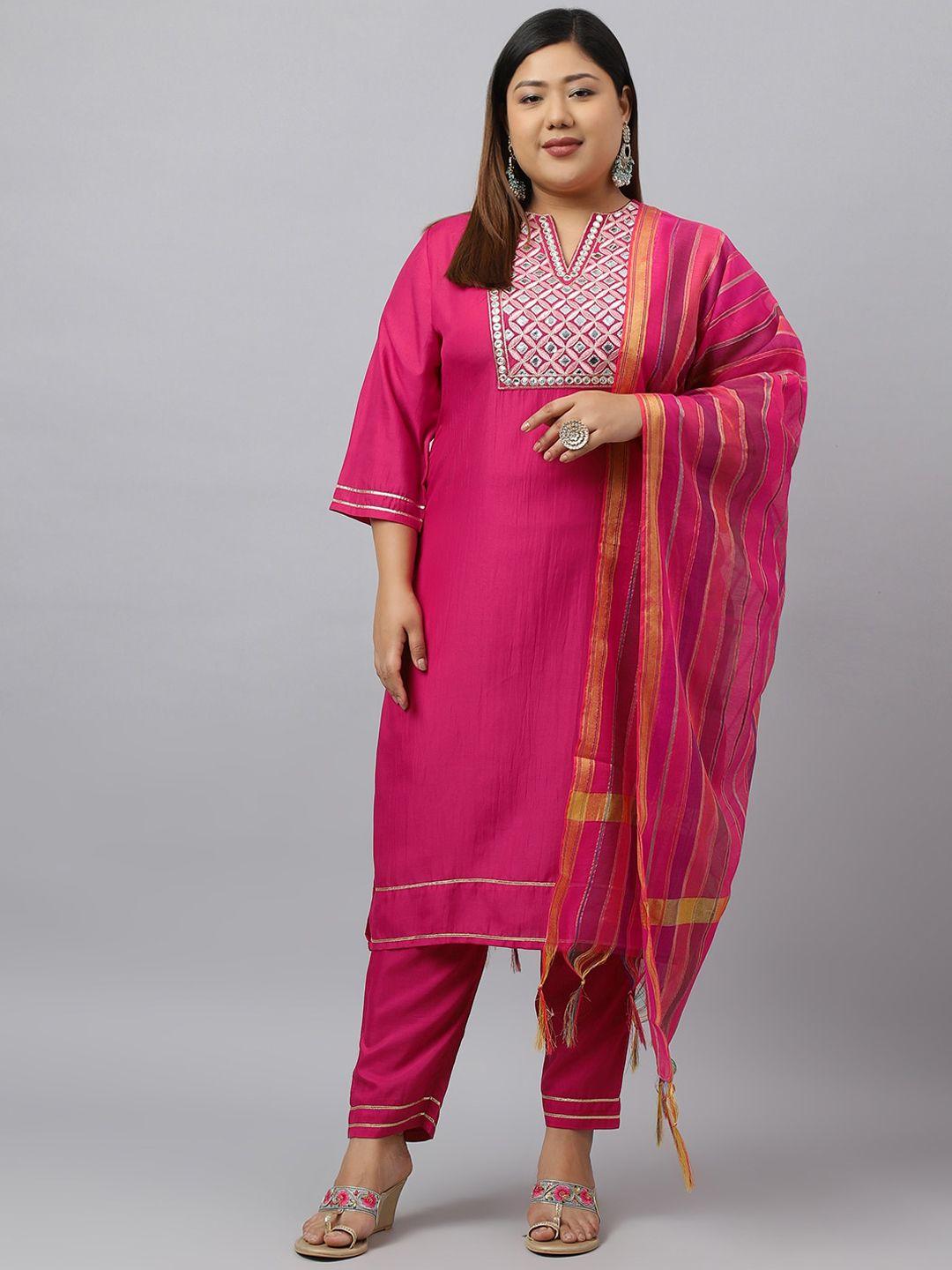 kalini floral embroidered mirror work kurta with trousers & dupatta