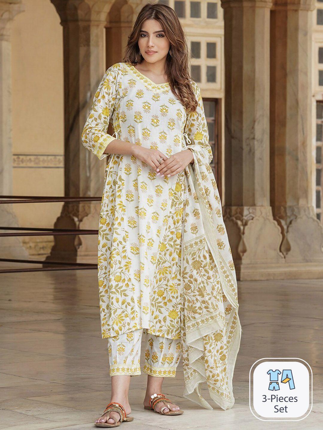 kalini floral embroidered mirror work pure cotton a-line kurta with salwar & dupatta