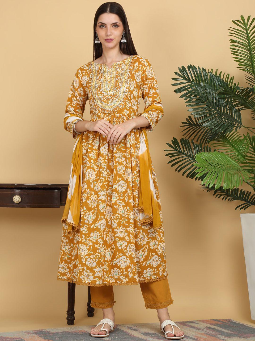 kalini floral embroidered mirror work pure cotton kurta with trousers & with dupatta