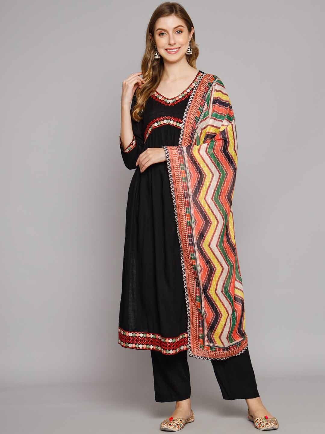 kalini floral embroidered pleated a-line sequinned kurta with trousers & dupatta