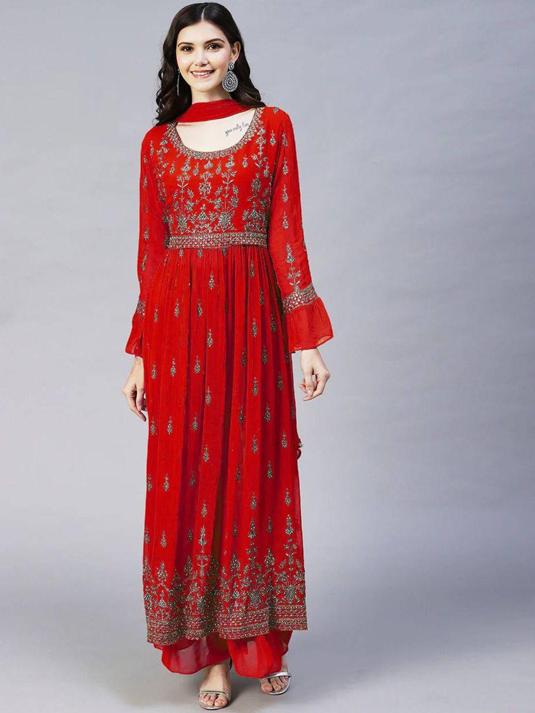 kalini floral embroidered pleated beads and stones kurta with sharara & dupatta