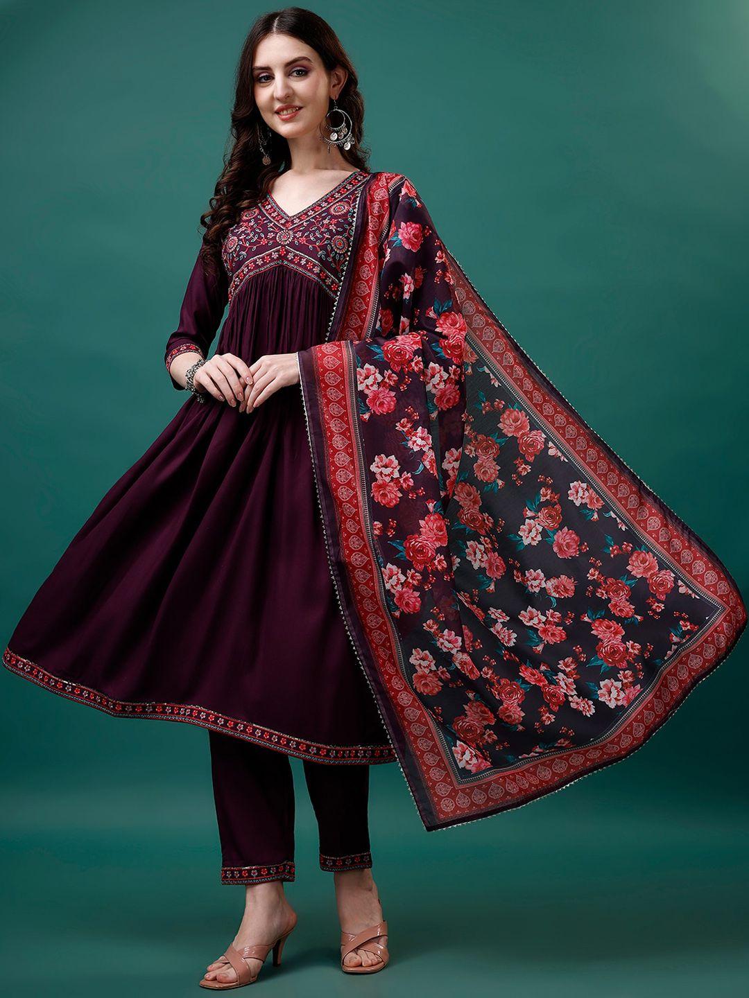 kalini floral embroidered pleated thread work kurta with trousers & dupatta