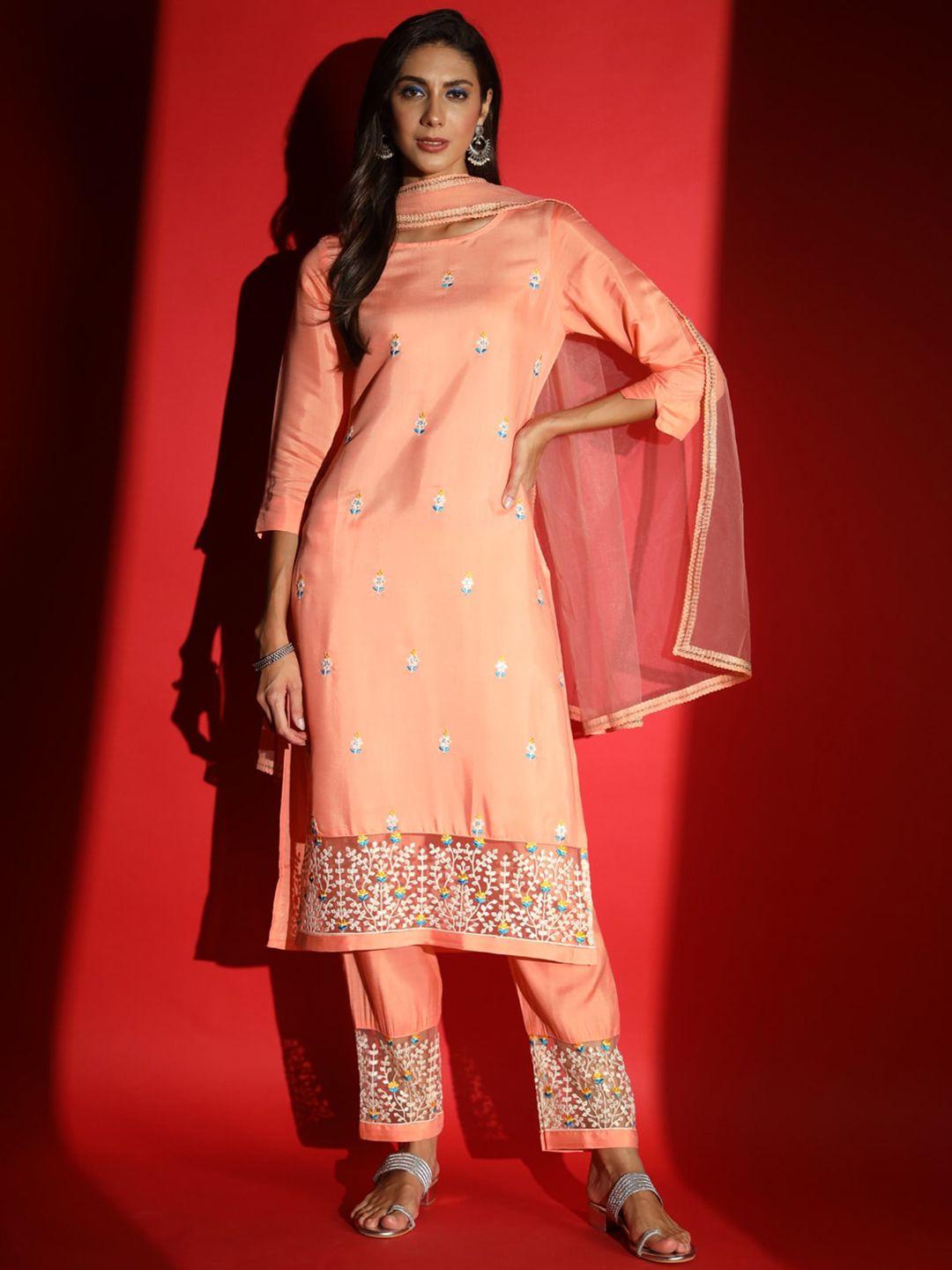 kalini floral embroidered pure cotton kurta & trousers with dupatta