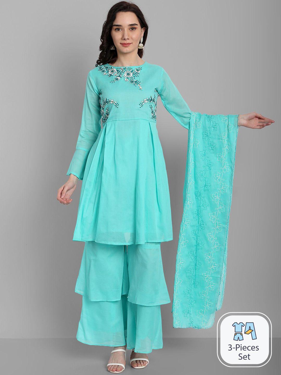 kalini floral embroidered pure cotton kurta with sharara & with dupatta