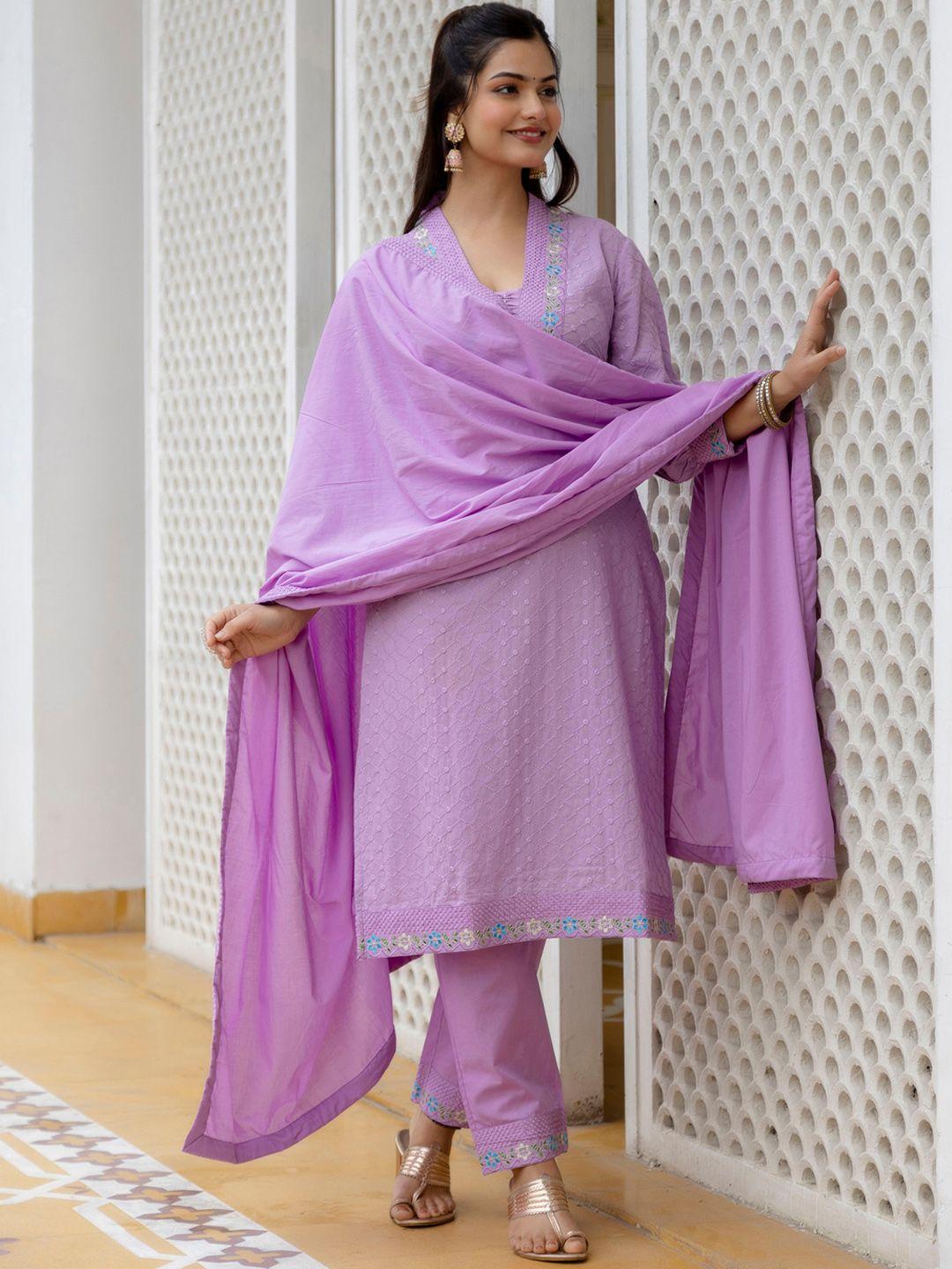 kalini floral embroidered pure cotton kurta with trousers & dupatta