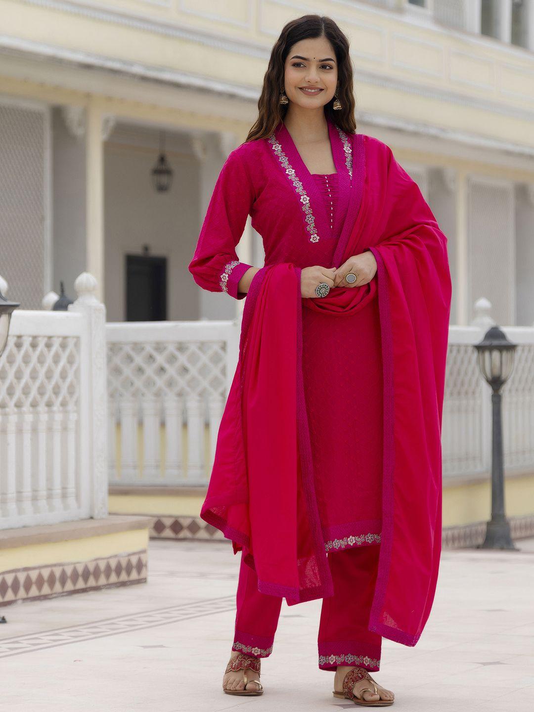 kalini floral embroidered pure cotton kurta with trousers & dupatta