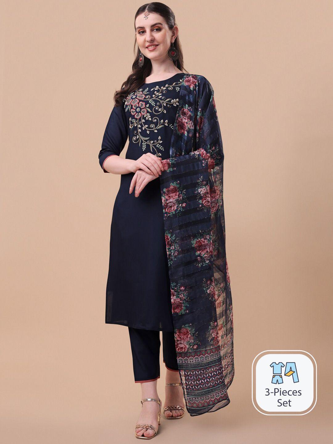 kalini floral embroidered regular chanderi cotton kurta with trousers & dupatta