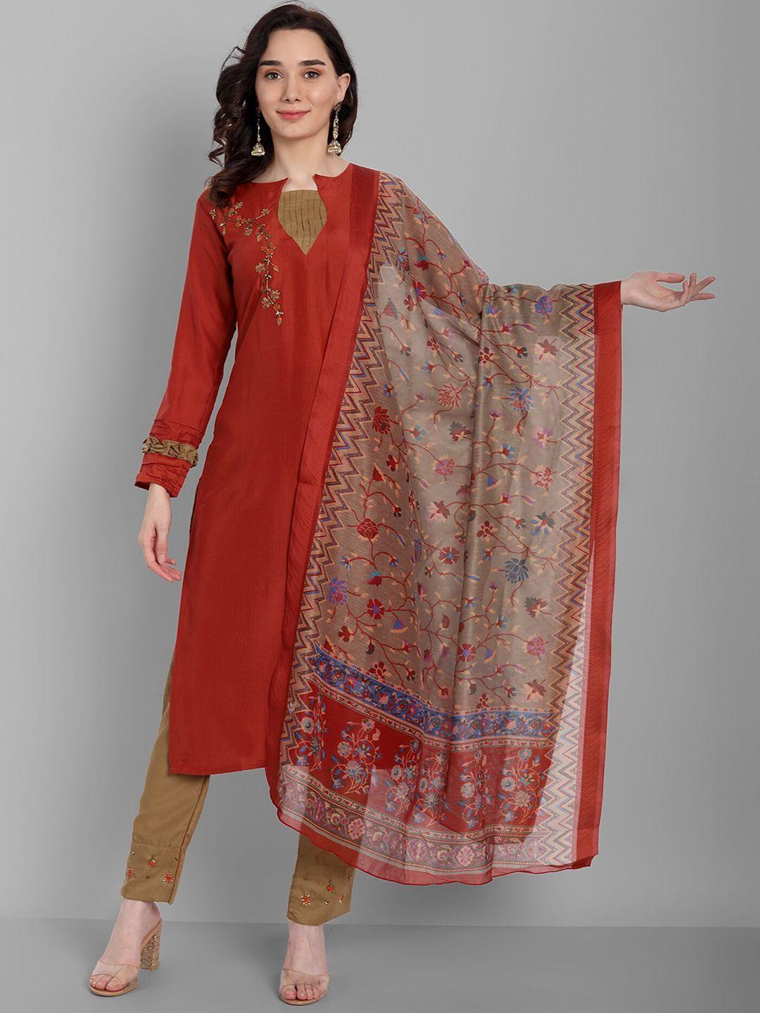 kalini floral embroidered regular linen kurti with trousers & with dupatta