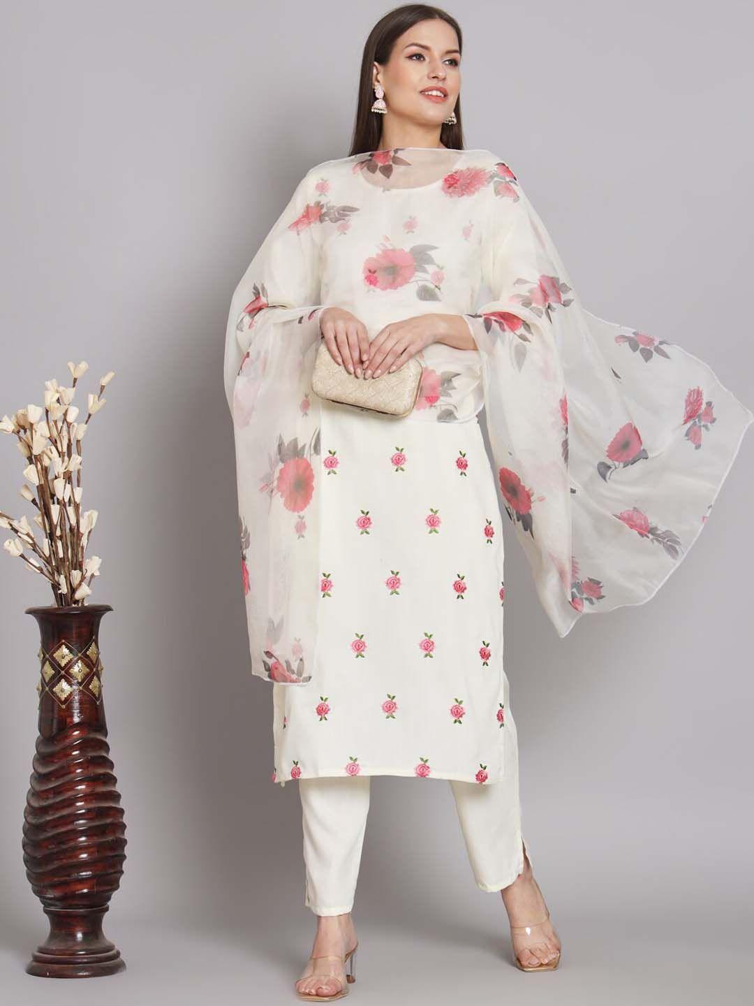 kalini floral embroidered regular straight kurta & trousers with dupatta