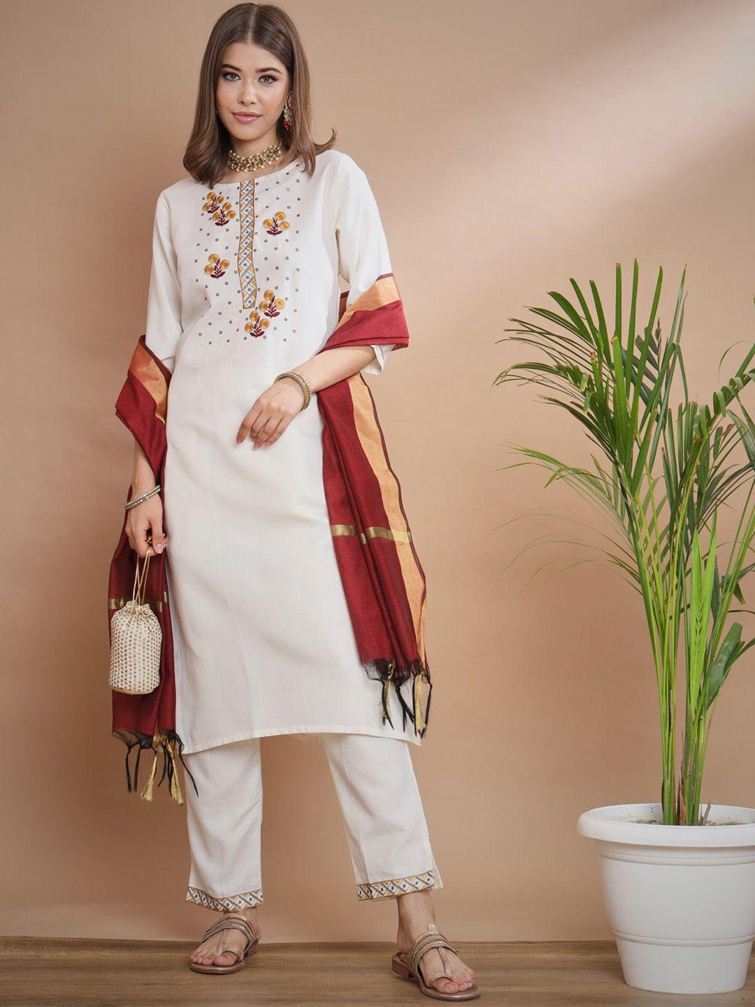 kalini floral embroidered regular straight kurta & trousers with dupatta