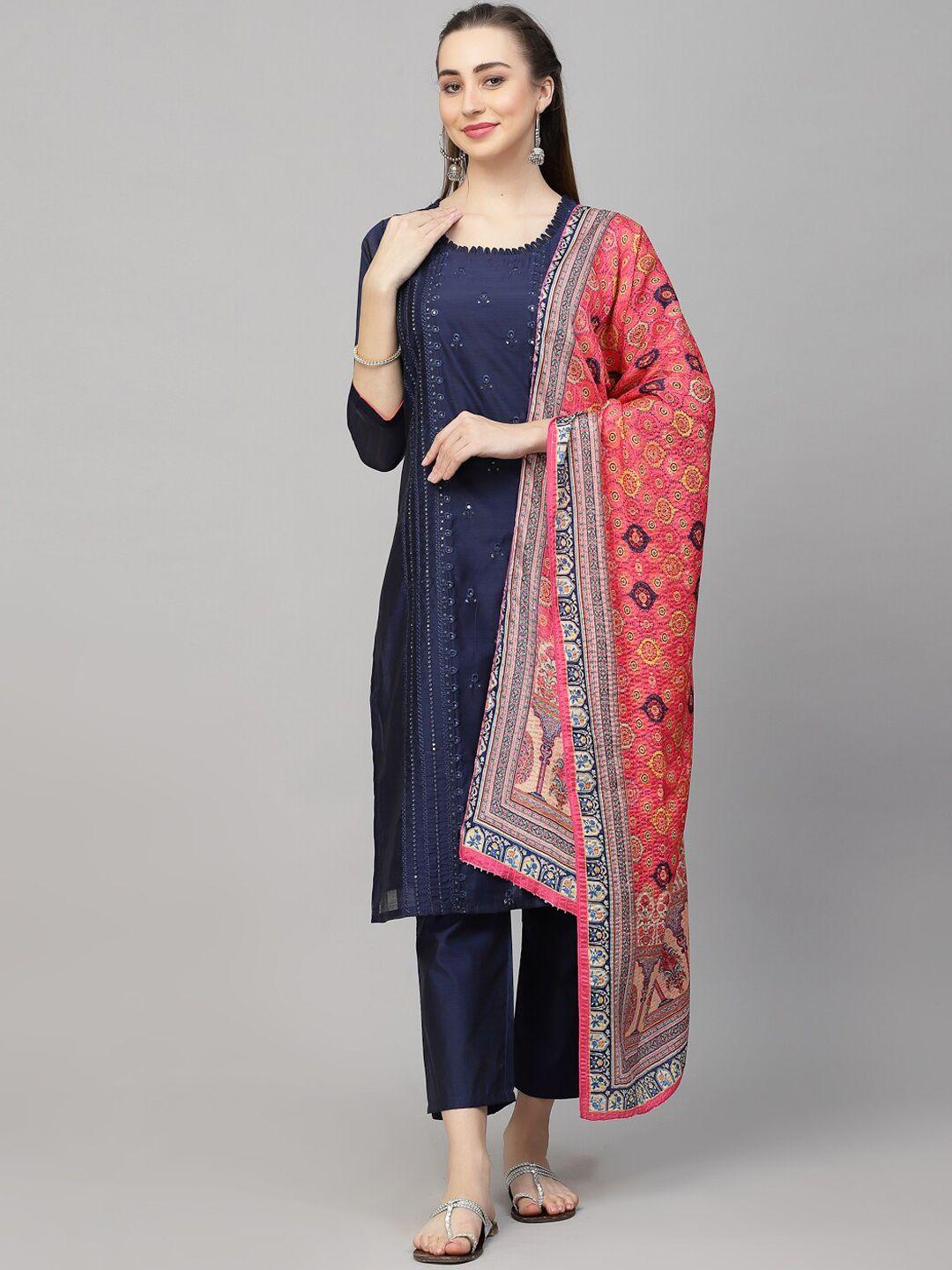 kalini floral embroidered regular thread work chanderi silk kurta with trousers & with