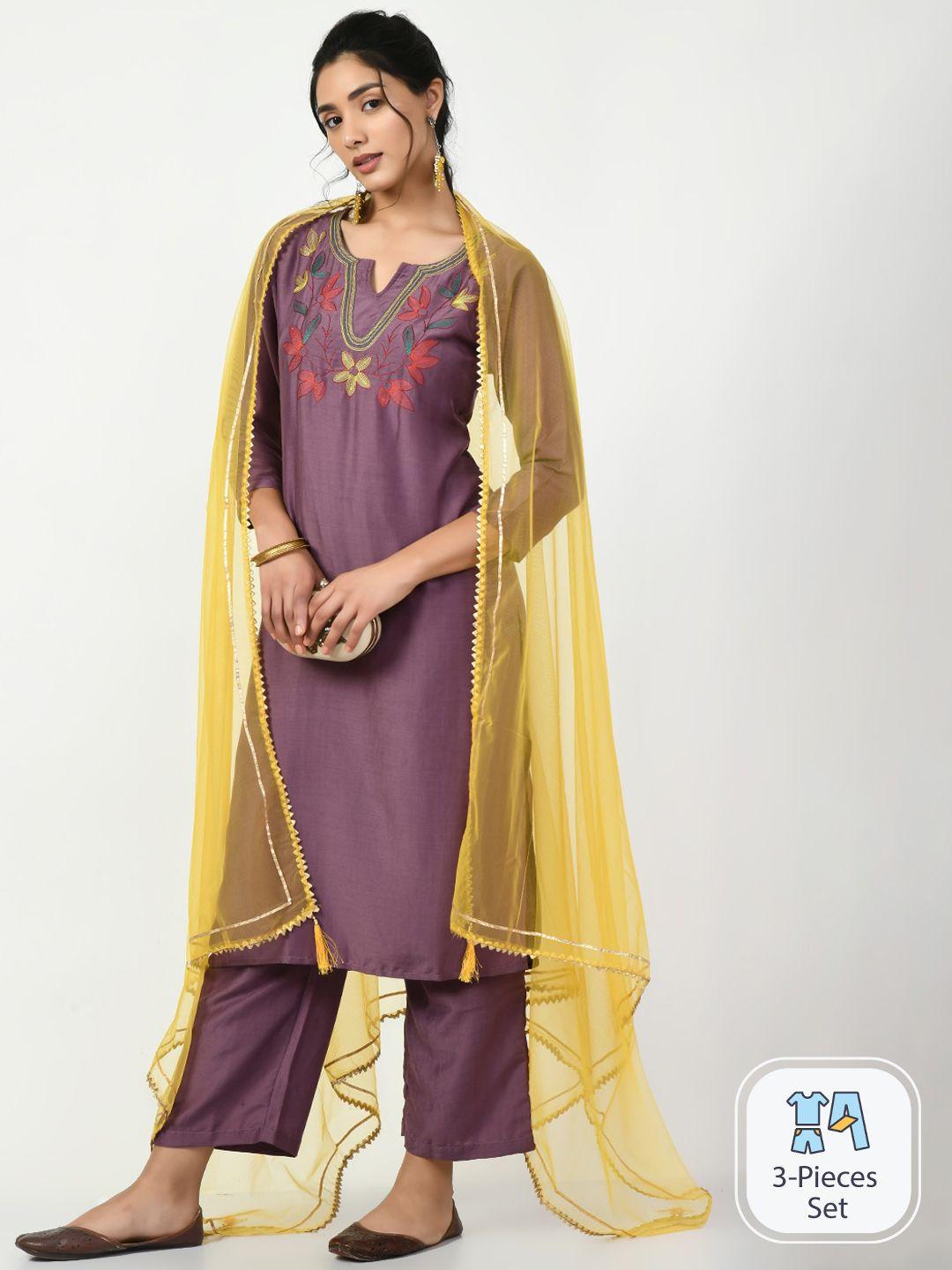 kalini floral embroidered regular thread work kurta with palazzos & dupatta