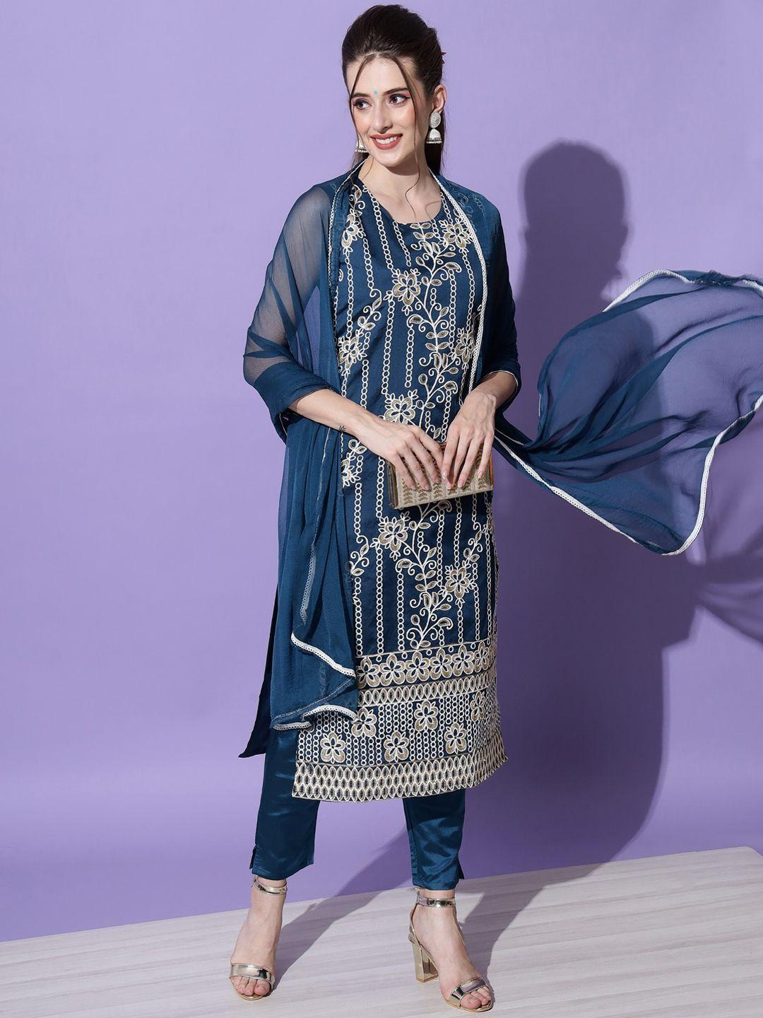 kalini floral embroidered regular thread work kurta with trousers & with dupatta