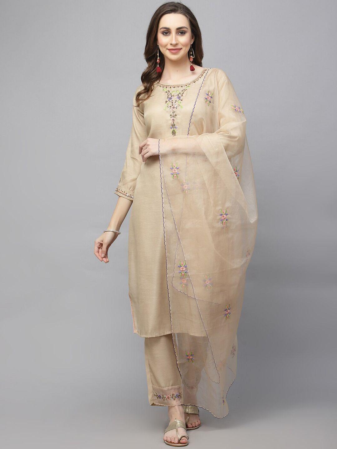 kalini floral embroidered regular thread work sraight kurta & trousers with dupatta