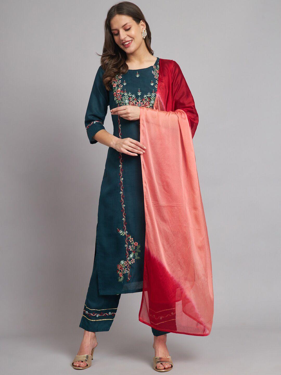 kalini floral embroidered round neck kurta with trousers & dupatta