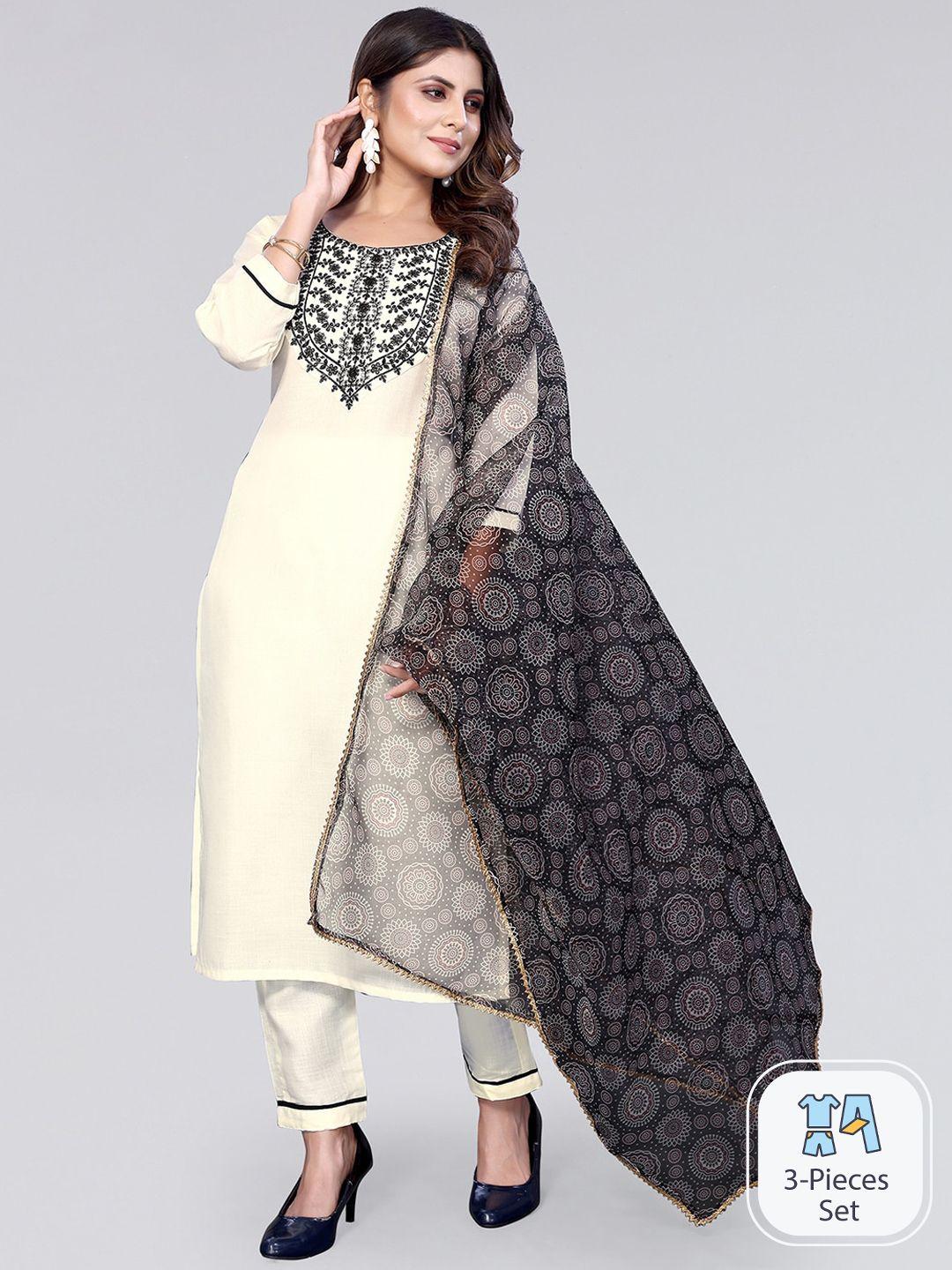 kalini floral embroidered round neck kurta with trousers & with dupatta