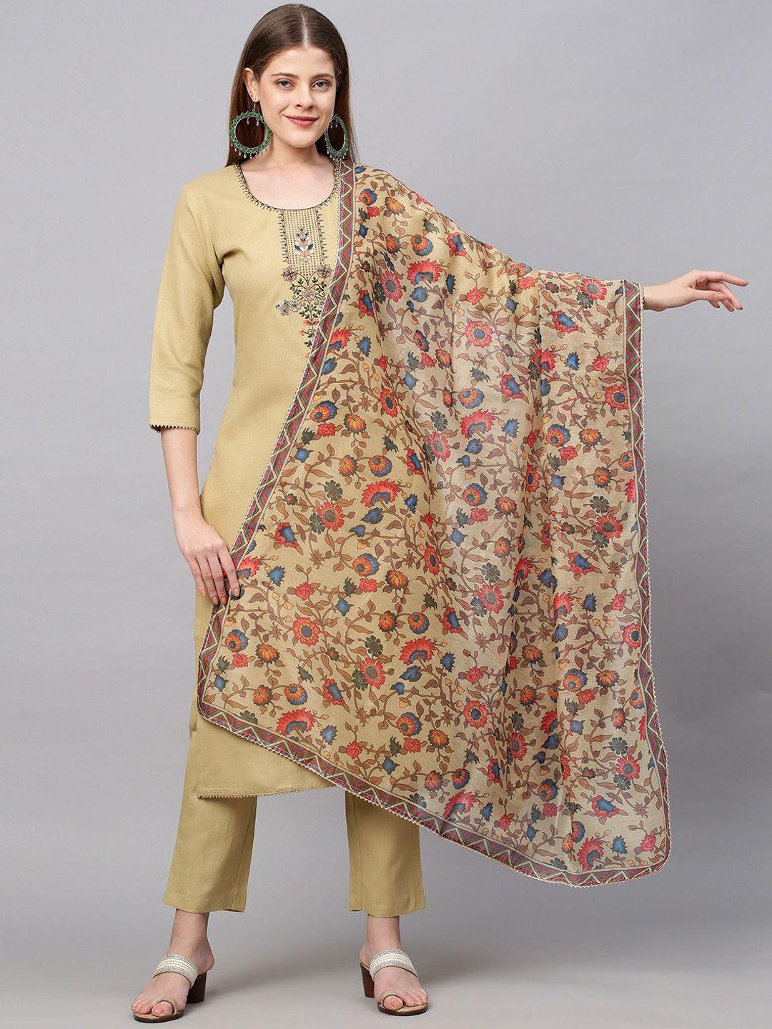 kalini floral embroidered round neck straight kurta with trousers & dupatta
