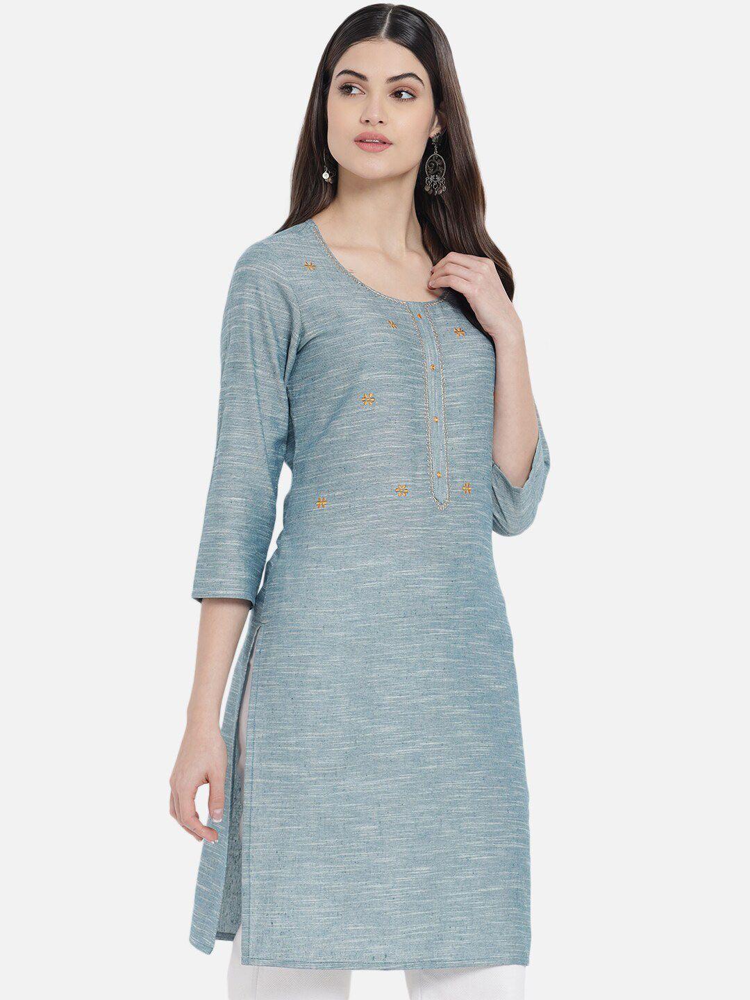 kalini floral embroidered round neck thread work pure cotton regular kurta