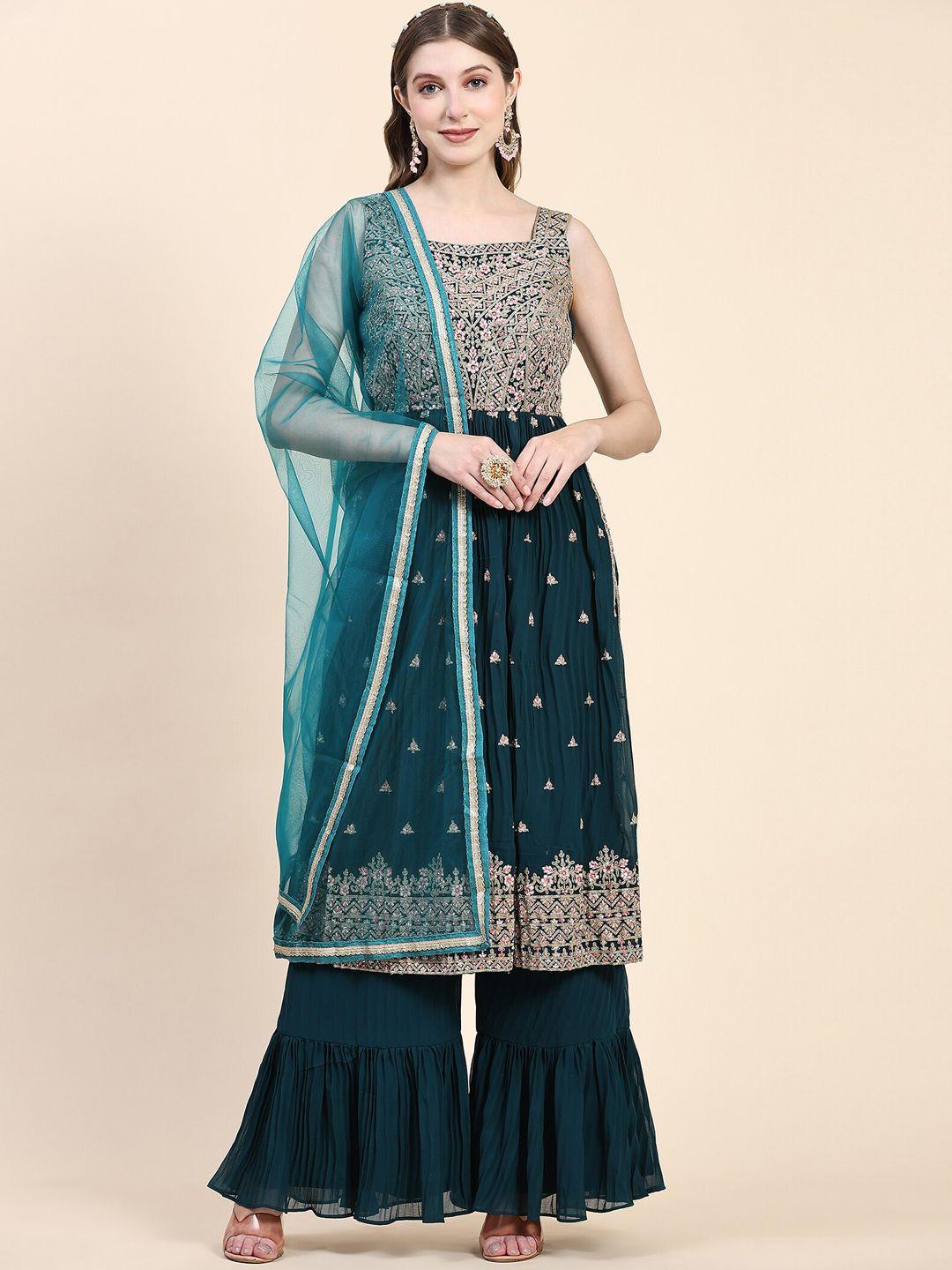 kalini floral embroidered sequined georgette kurta with sharara & dupatta