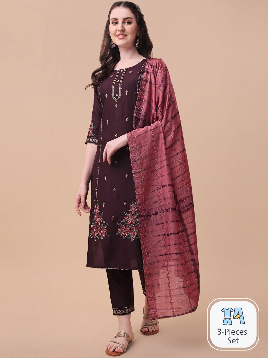 kalini floral embroidered sequinned chanderi cotton kurta with trousers & dupatta