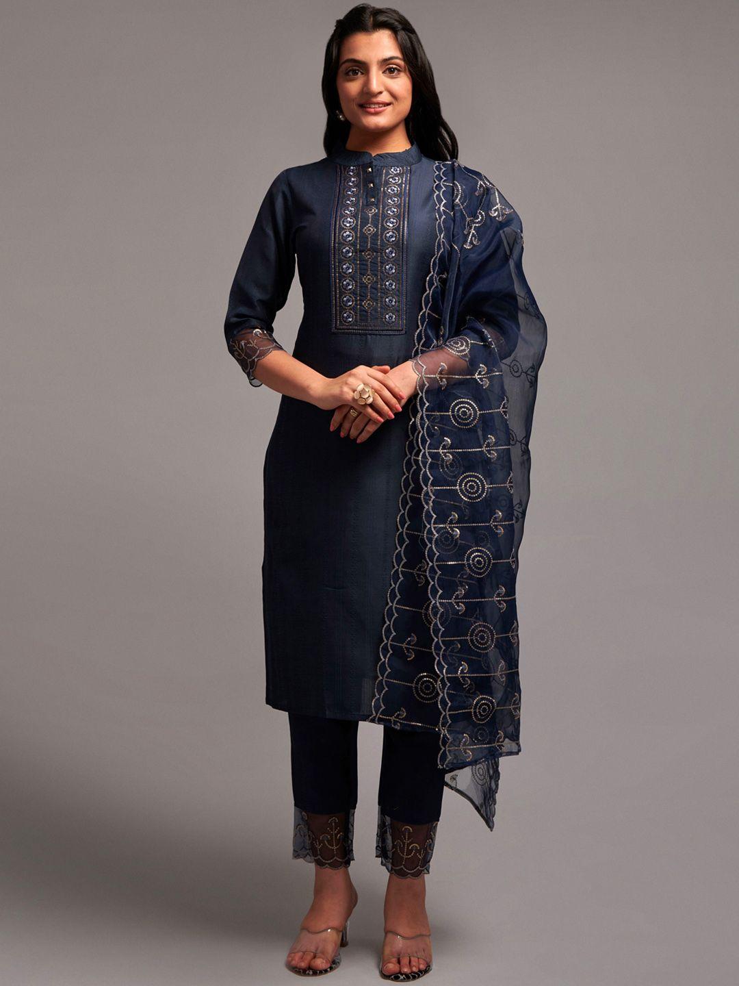 kalini floral embroidered sequinned straight dobby art silk kurta with trousers & dupatta