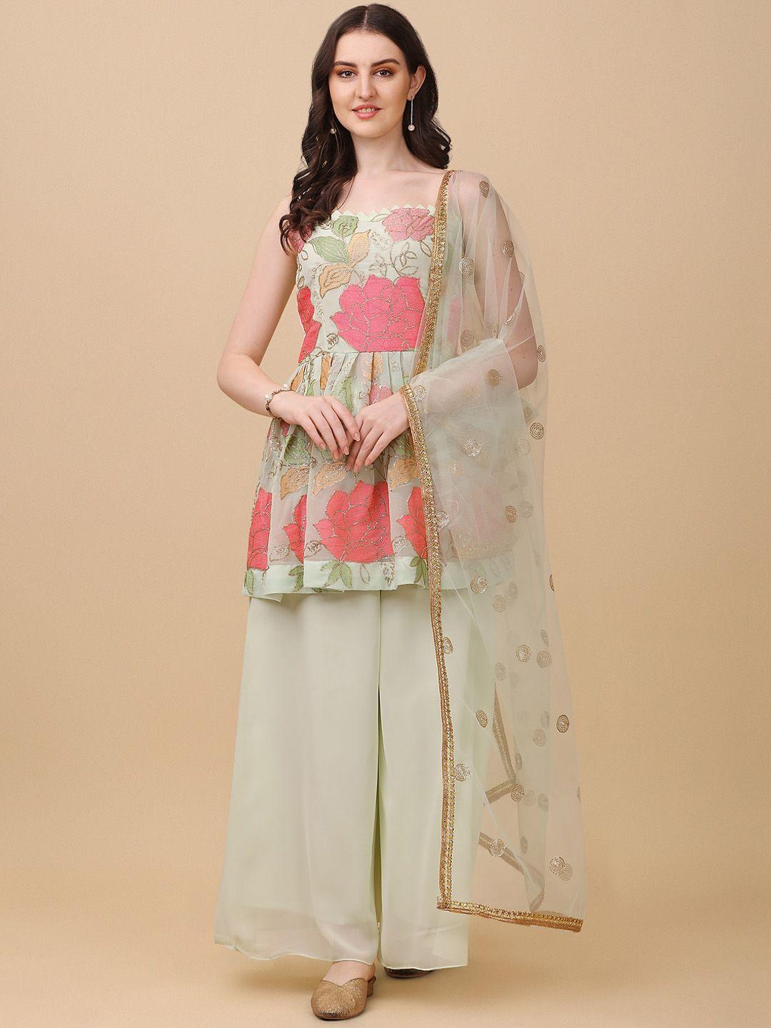 kalini floral embroidered shoulder strap neck sequinned kurti with palazzos & with dupatta