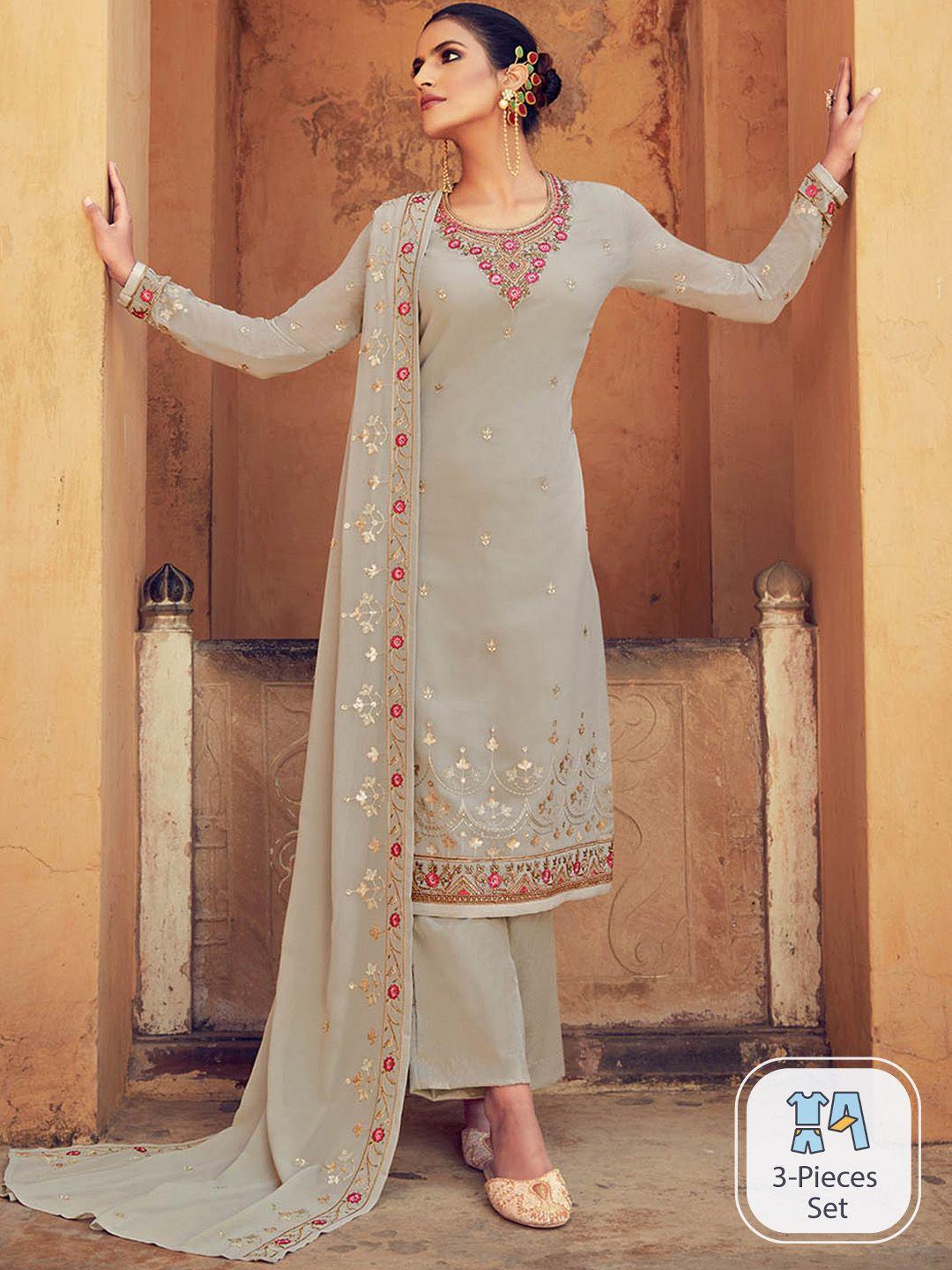 kalini floral embroidered silk georgette kurta with trousers & dupatta