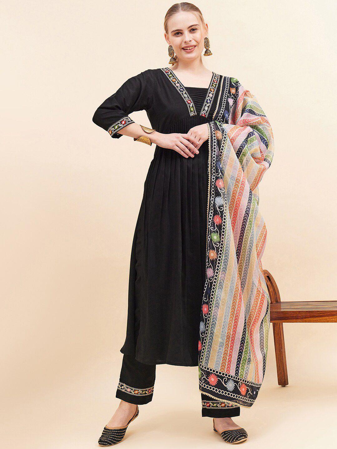 kalini floral embroidered square neck empire kurta with trousers & dupatta