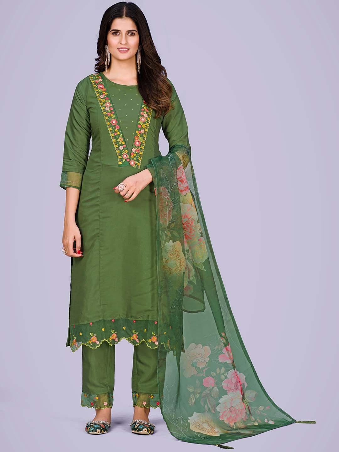 kalini floral embroidered straight kurta & trousers with dupatta