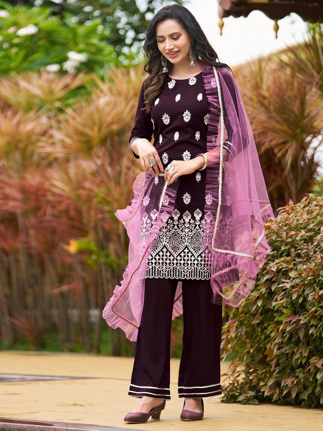 kalini floral embroidered straight kurta with palazzos & dupatta