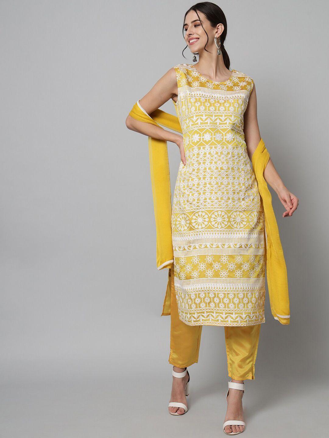 kalini floral embroidered straight thread work kurta & trousers with dupatta