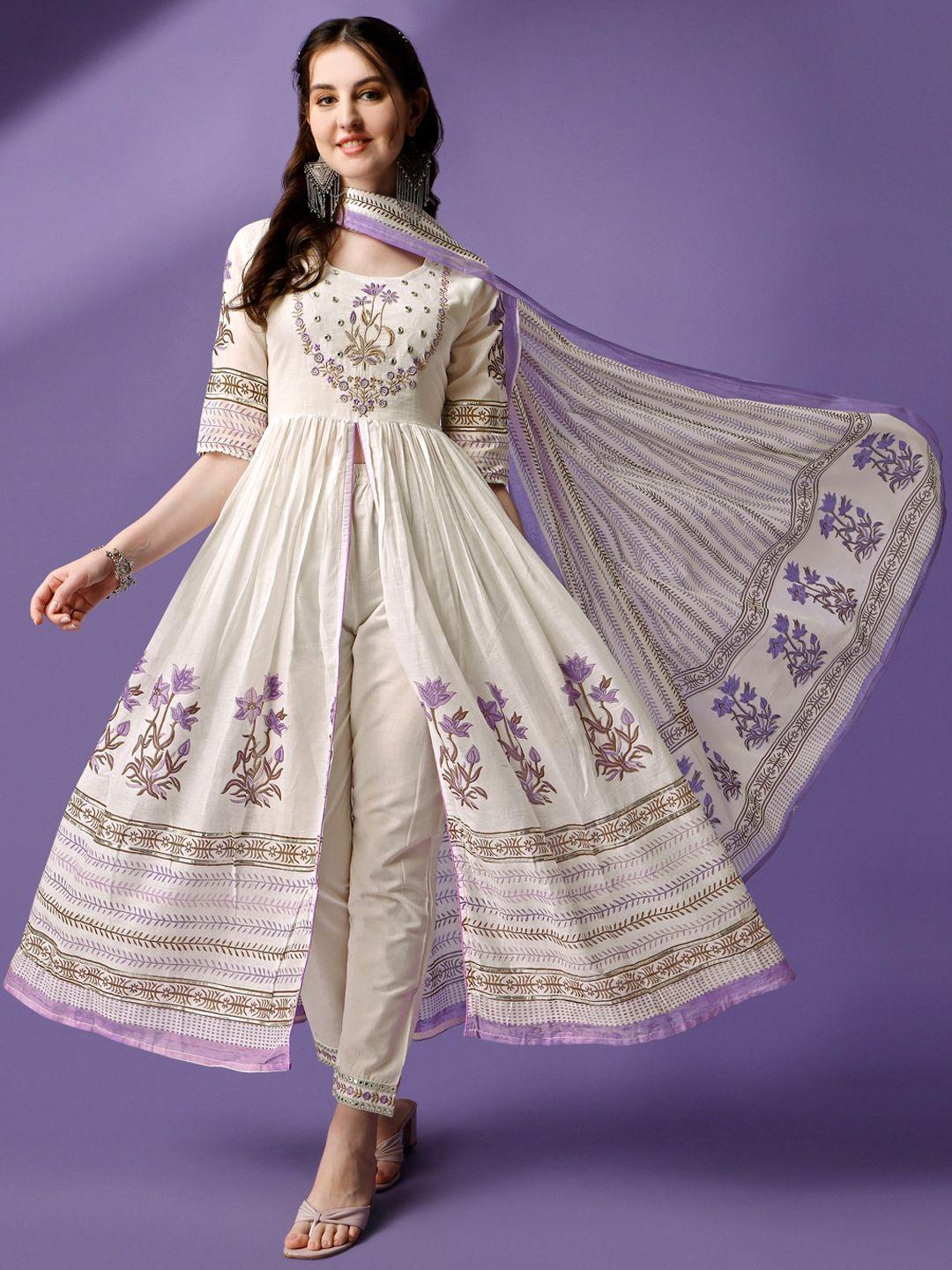 kalini floral embroidered thread work anarkali kurta with trousers & dupatta