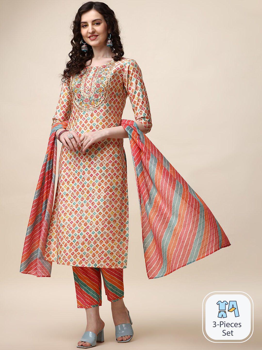 kalini floral embroidered thread work chanderi cotton kurta with trousers & dupatta