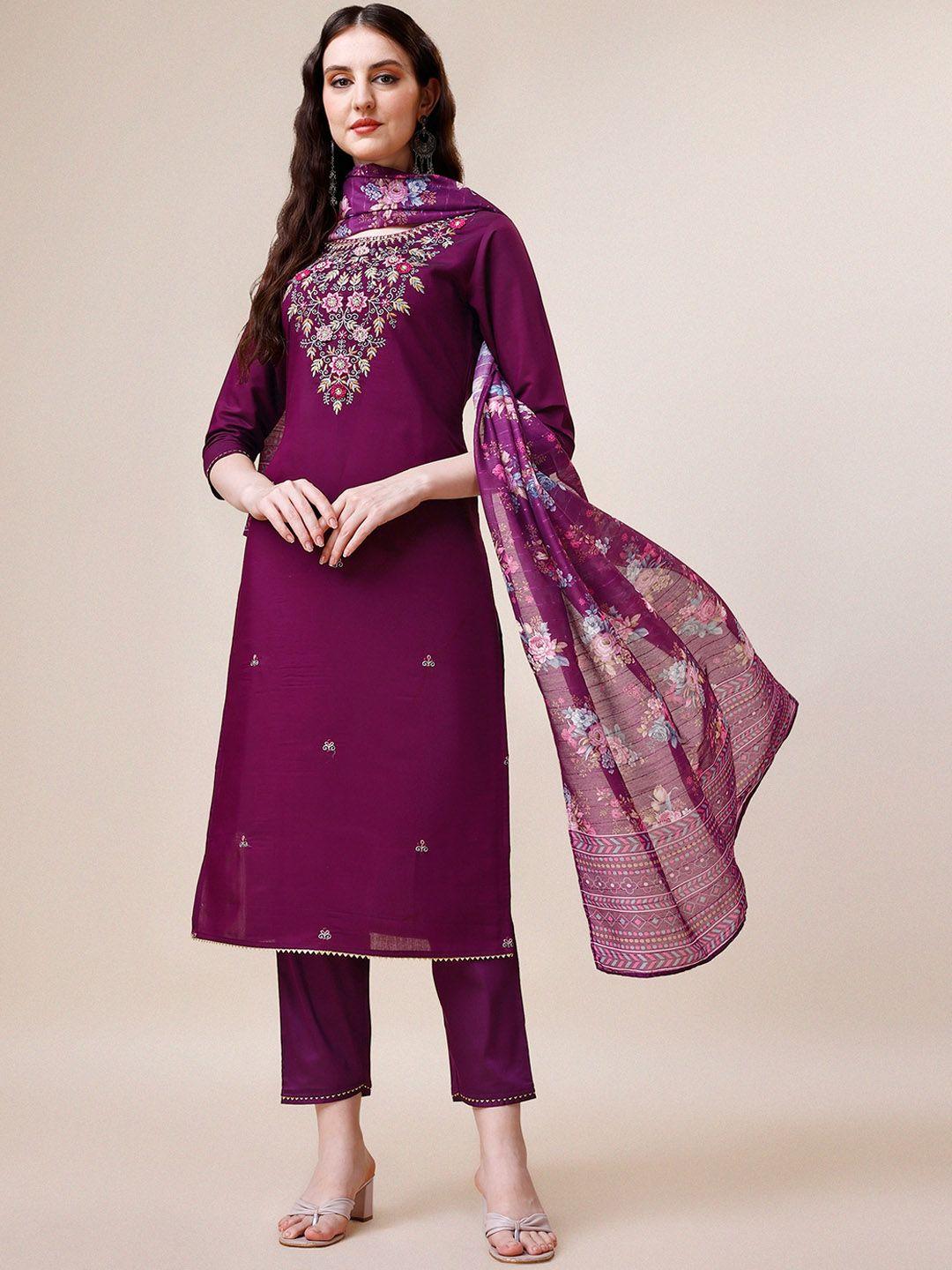 kalini floral embroidered thread work cotton straight kurta with trousers & dupatta