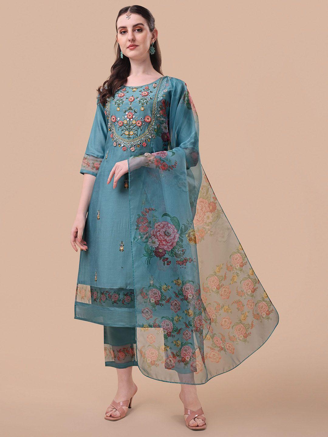 kalini floral embroidered thread work detail straight kurta & trousers with dupatta