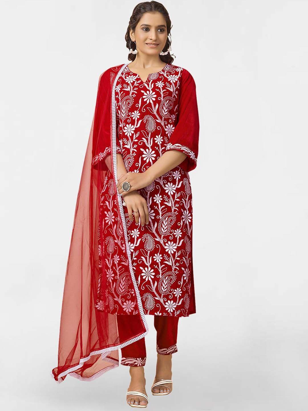 kalini floral embroidered thread work detail velvet straight kurta & trouser with dupatta