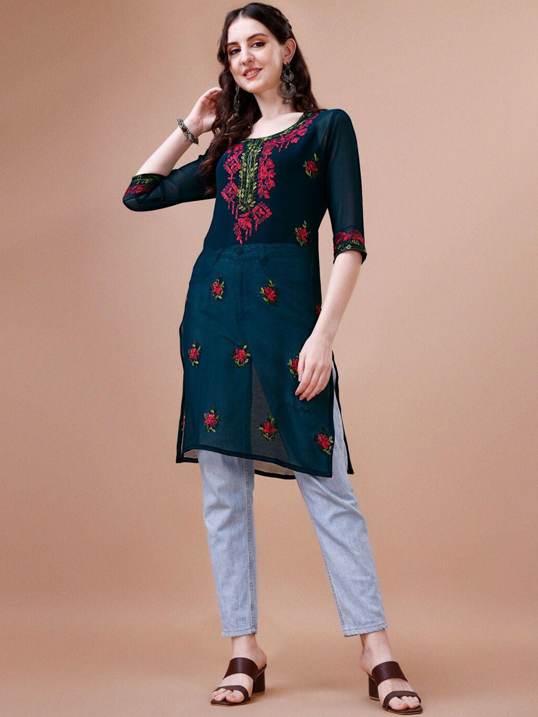 kalini floral embroidered thread work georgette straight kurta