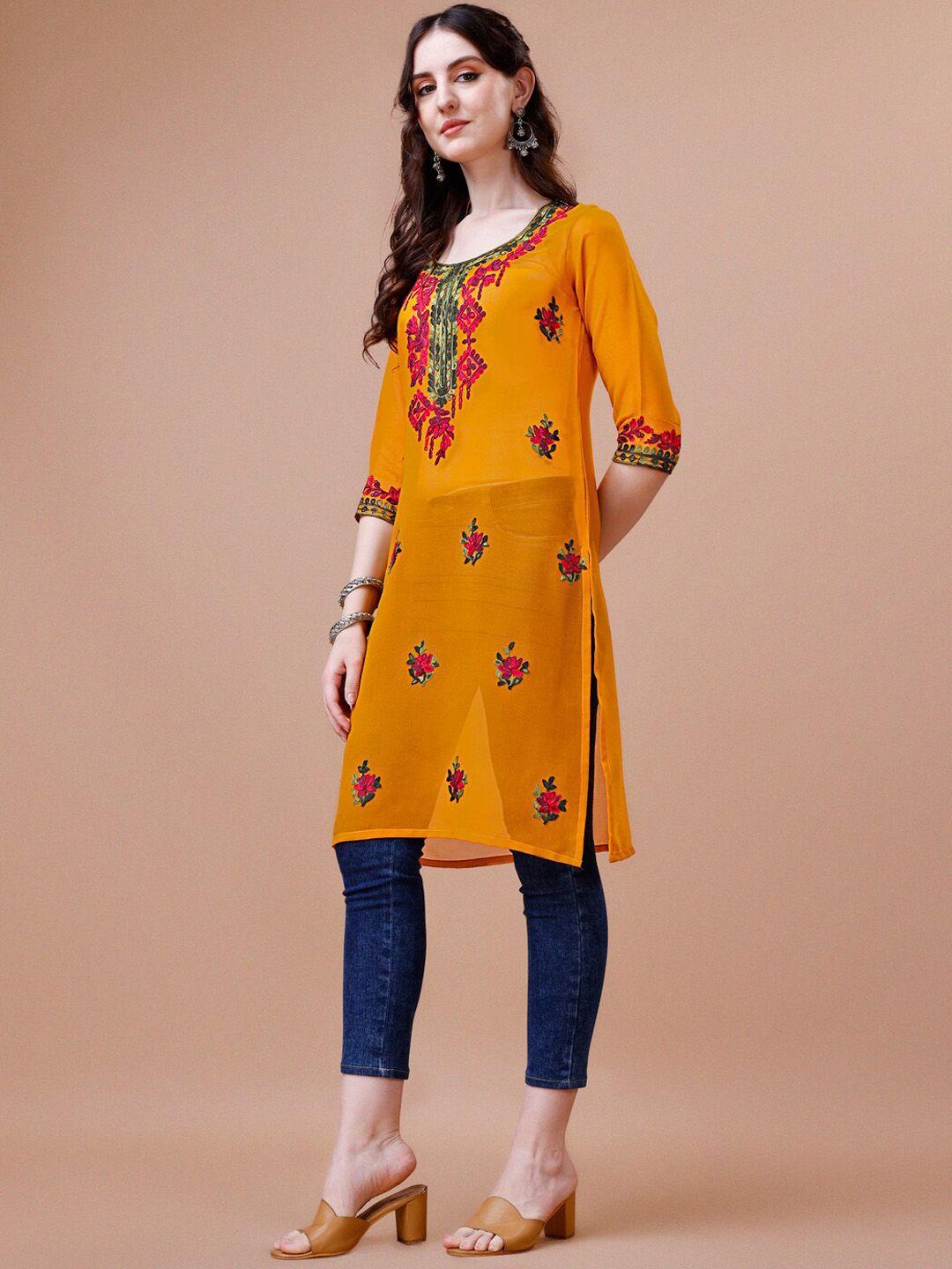 kalini floral embroidered thread work georgette straight kurta