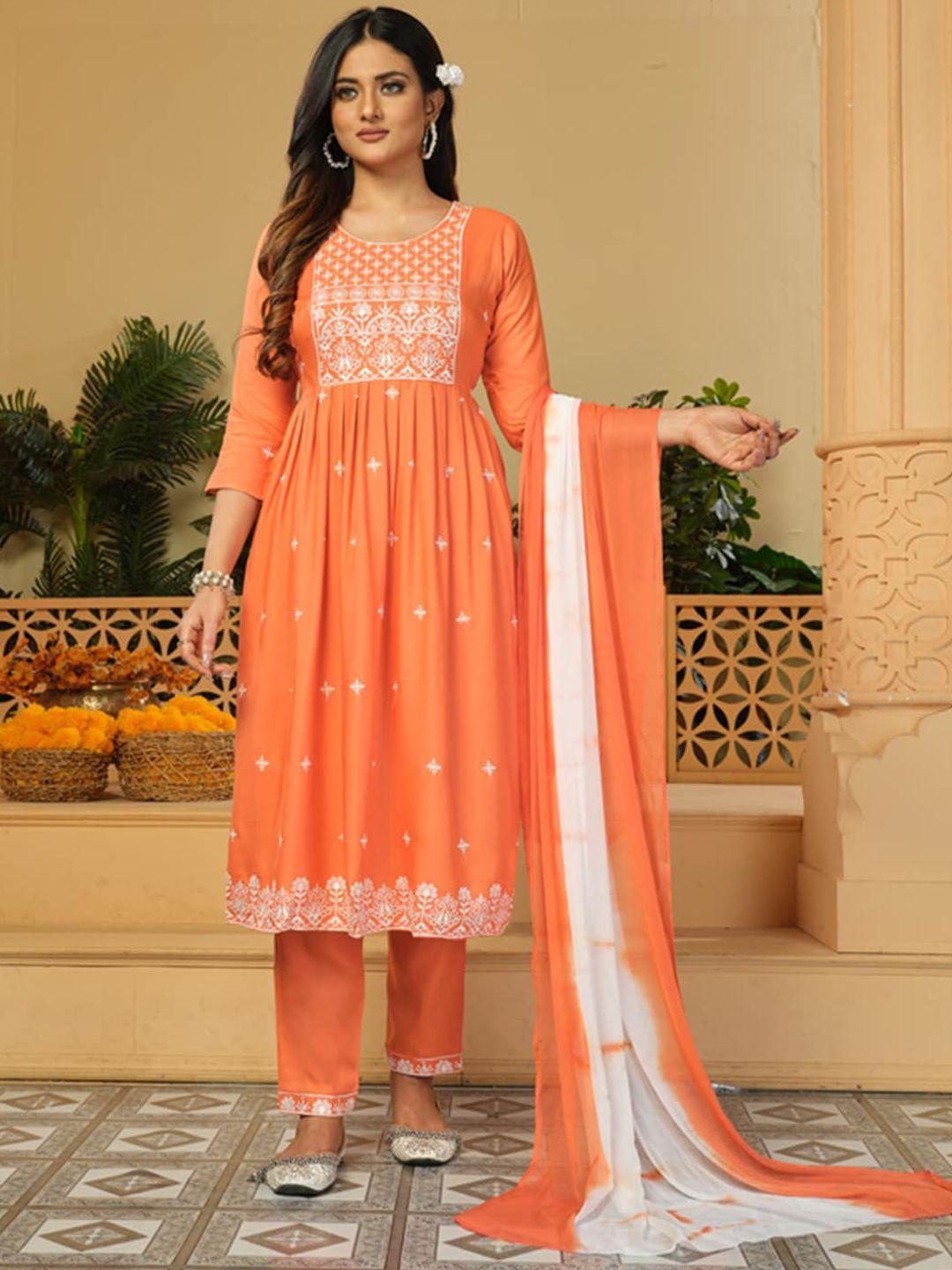 kalini floral embroidered thread work kurta & trousers with dupatta