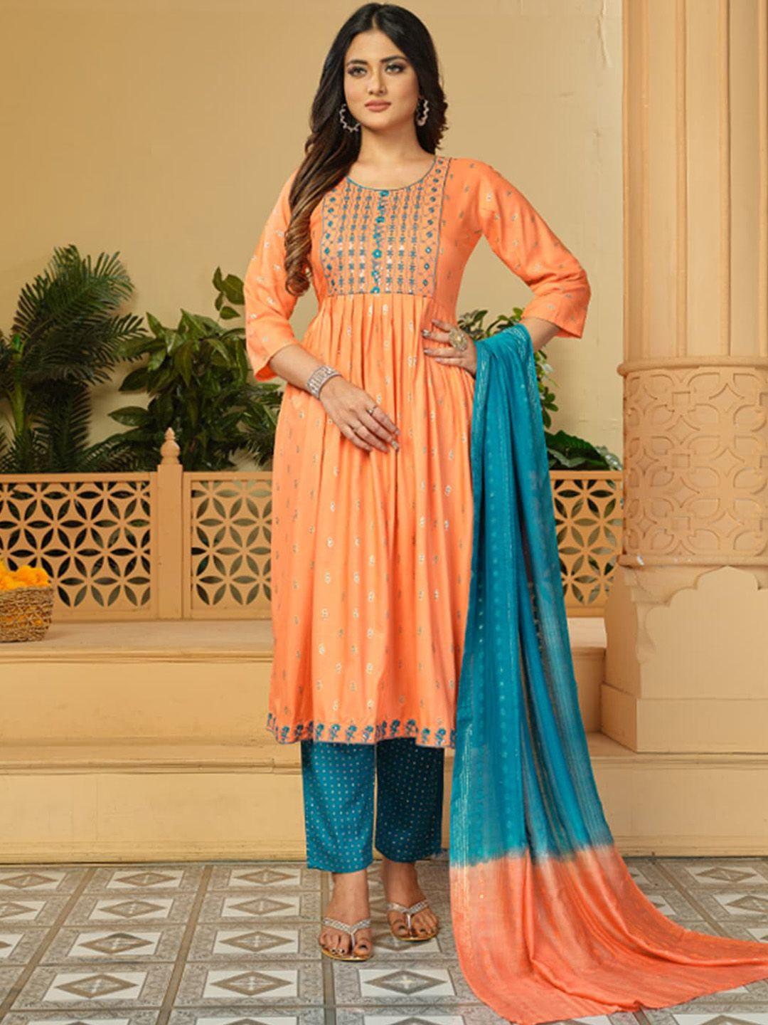 kalini floral embroidered thread work kurta & trousers with dupatta