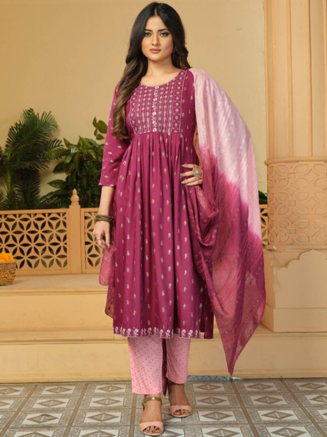 kalini floral embroidered thread work kurta & trousers with dupatta