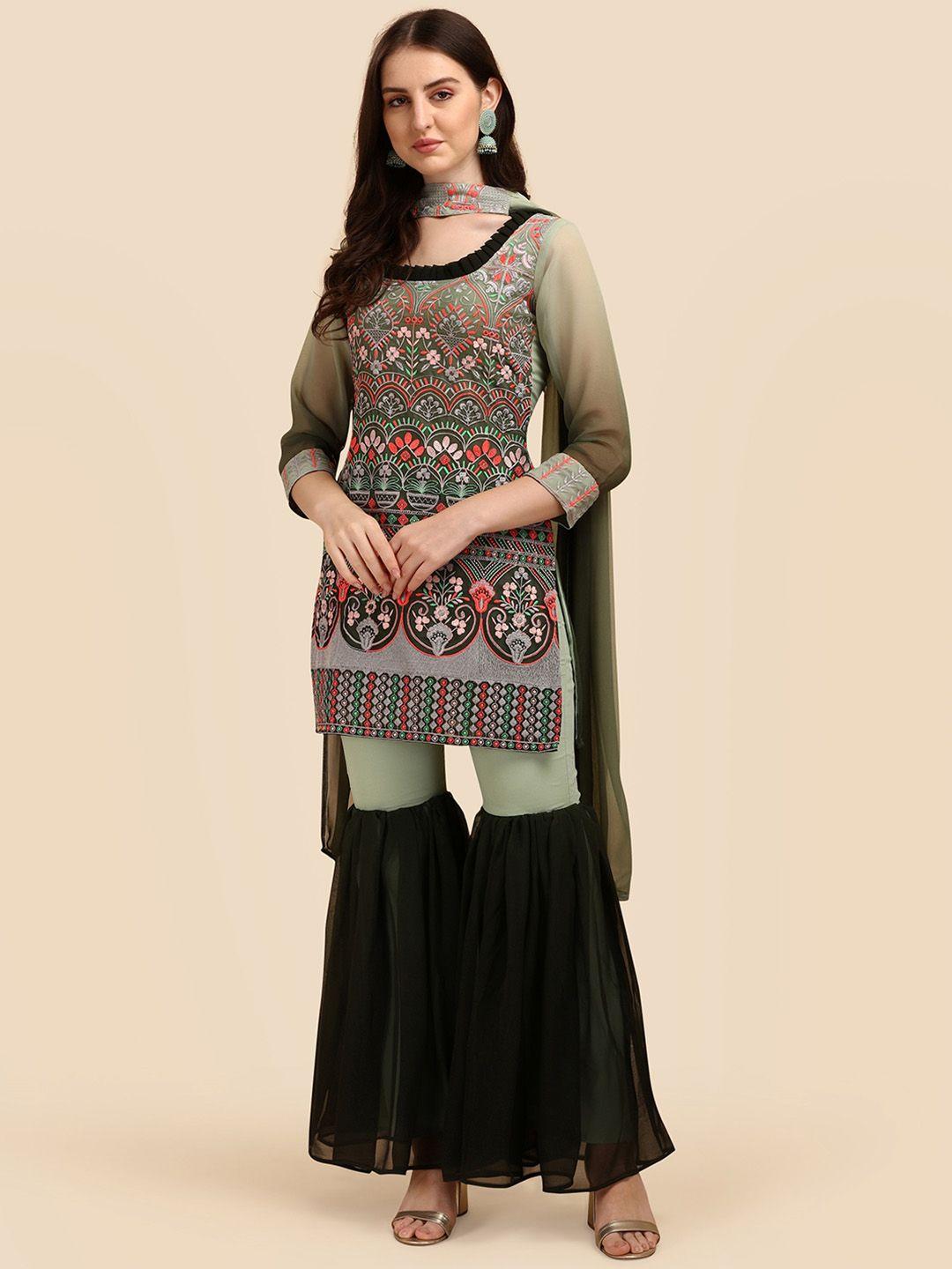 kalini floral embroidered thread work kurti with sharara & dupatta