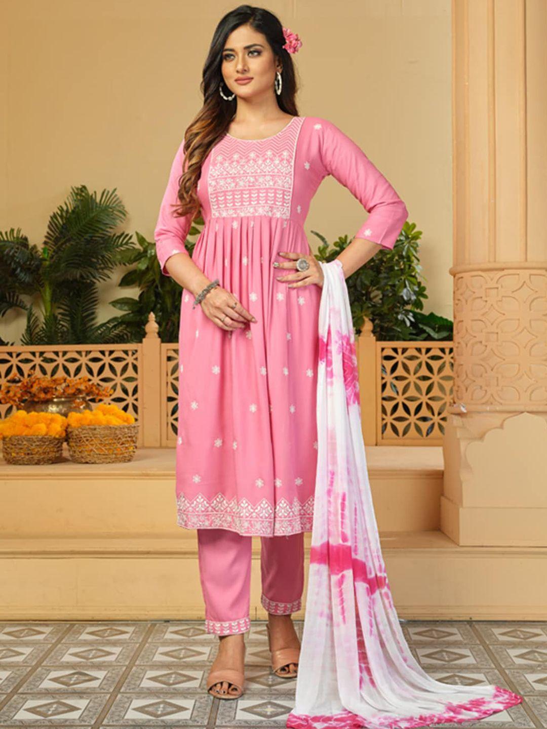 kalini floral embroidered thread work pleated a-line kurta & trousers with dupatta