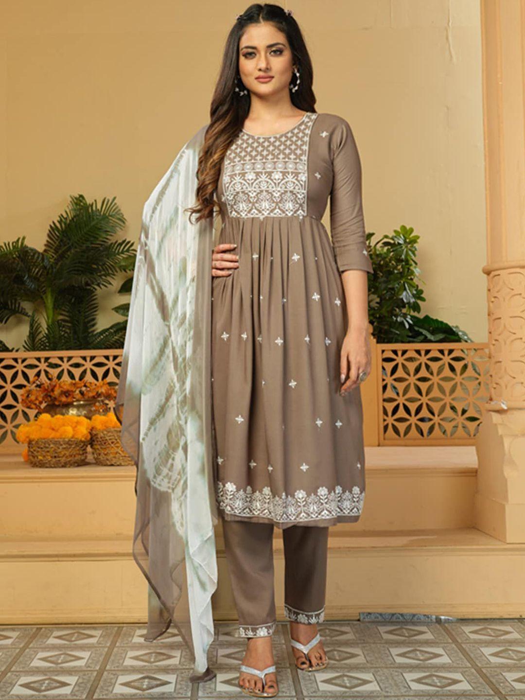 kalini floral embroidered thread work pleated a-line kurta & trousers with dupatta