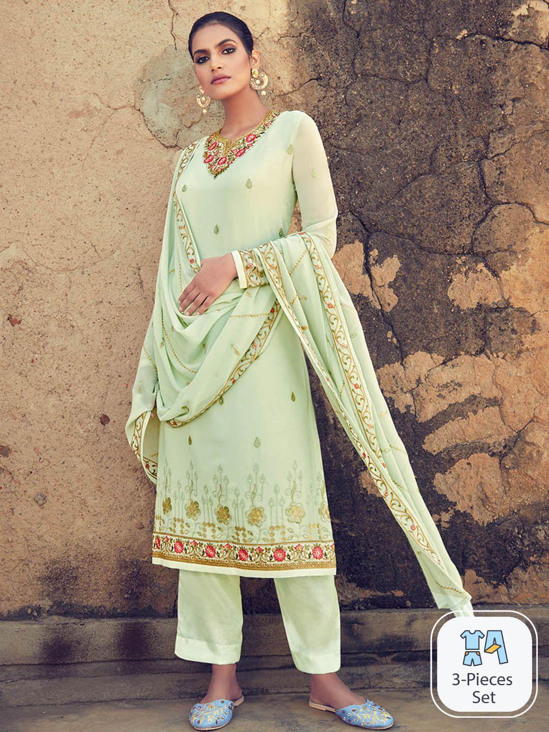 kalini floral embroidered thread work silk georgette kurta with trousers & with dupatta