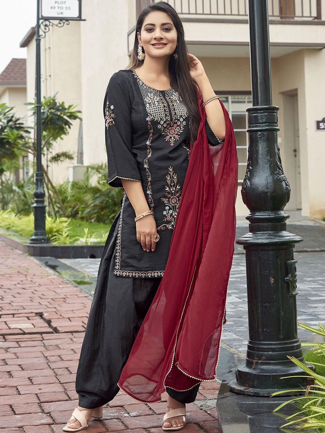 kalini floral embroidered thread work straight kurta & salwar with dupatta