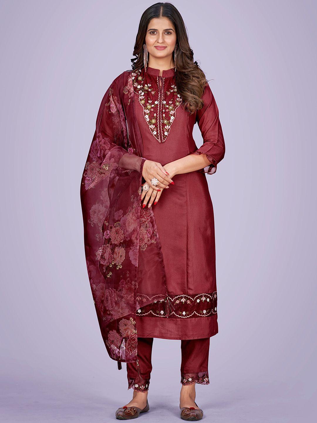 kalini floral embroidered thread work straight kurta & trousers with dupatta